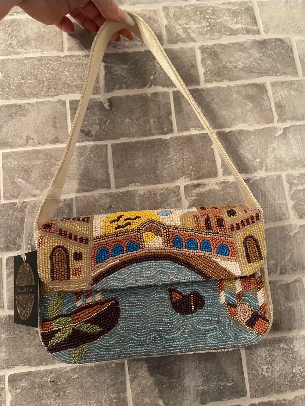 New Rare viral Beaded Venice Italy Scene Shoulder Bag in Multi-Color